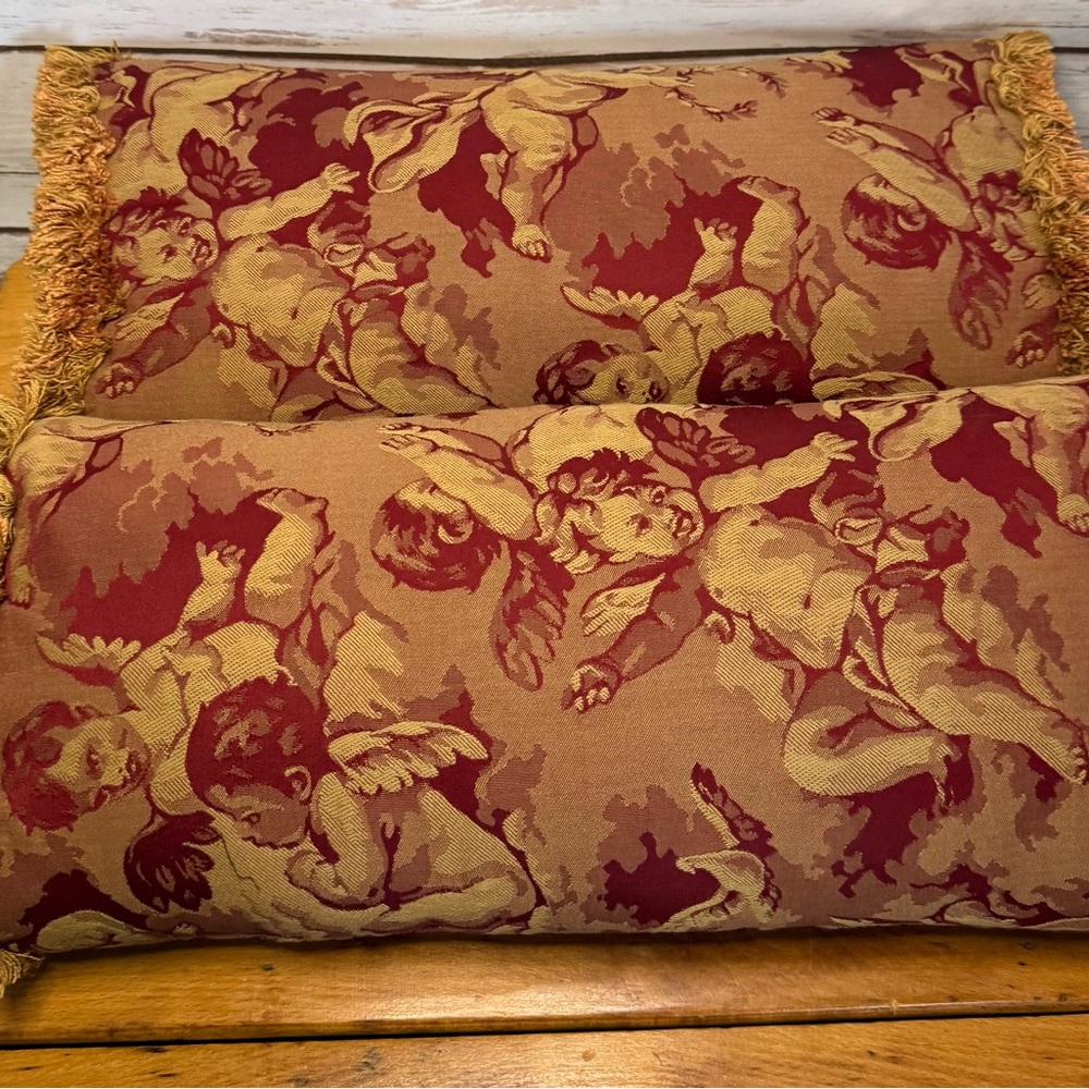 Bolster Pillows Shabby Chic Renaissance Scene Angel Cherub Red Woven Vintage